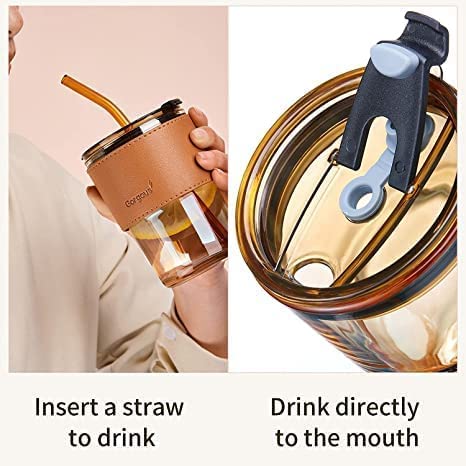 Glass tumbler with leather sleeve, LID and straw (350ml)