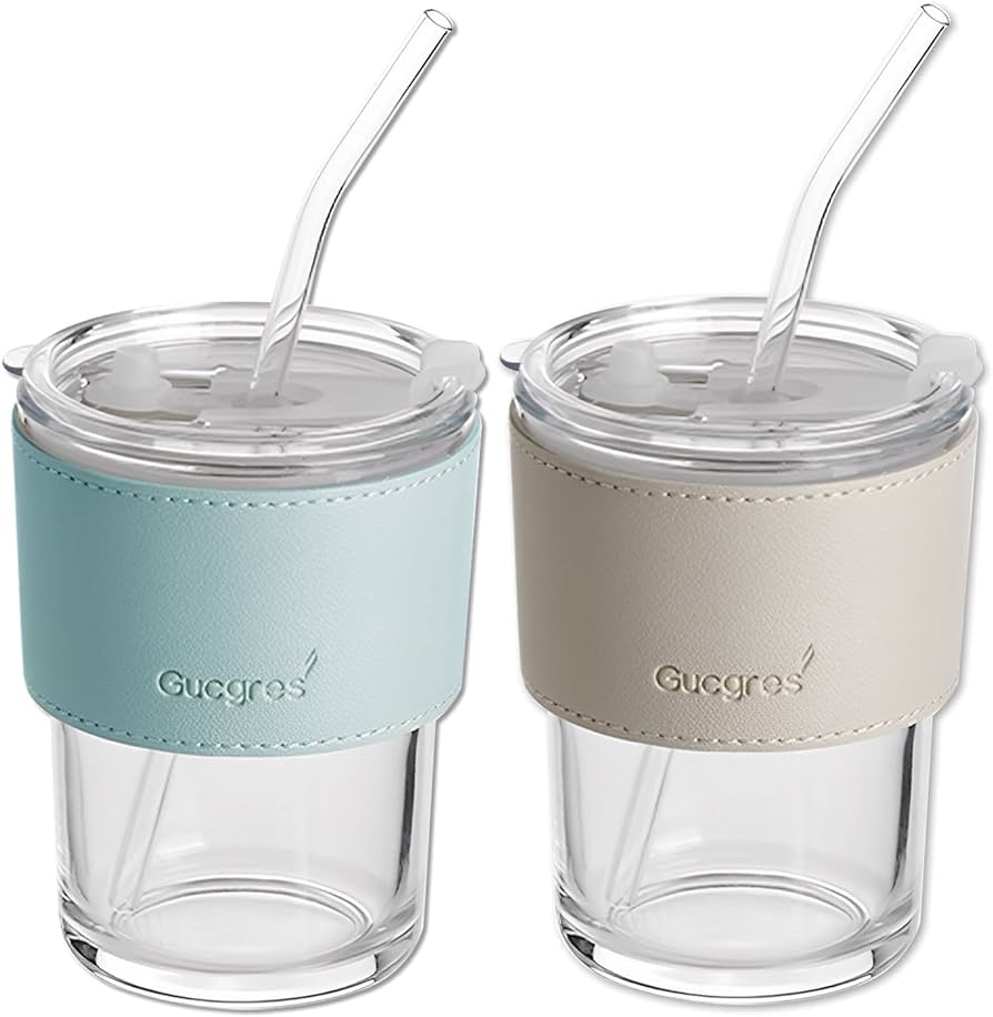 Glass tumbler with leather sleeve, LID and straw (350ml)