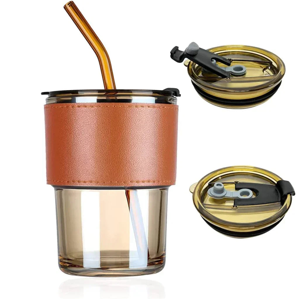 Glass tumbler with leather sleeve, LID and straw (350ml)