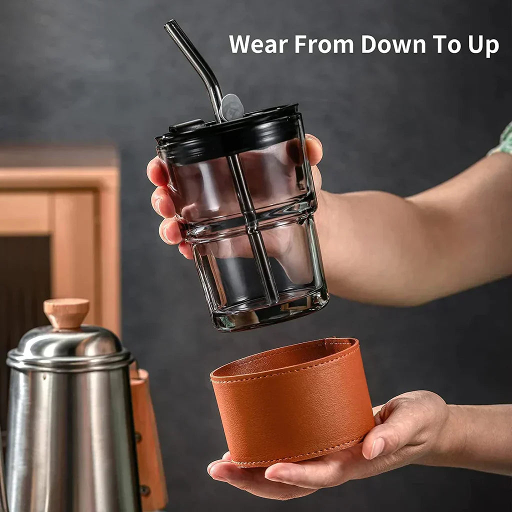 Glass tumbler with leather sleeve, LID and straw (350ml)