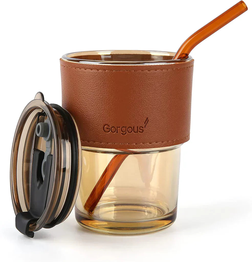 Glass tumbler with leather sleeve, LID and straw (350ml)