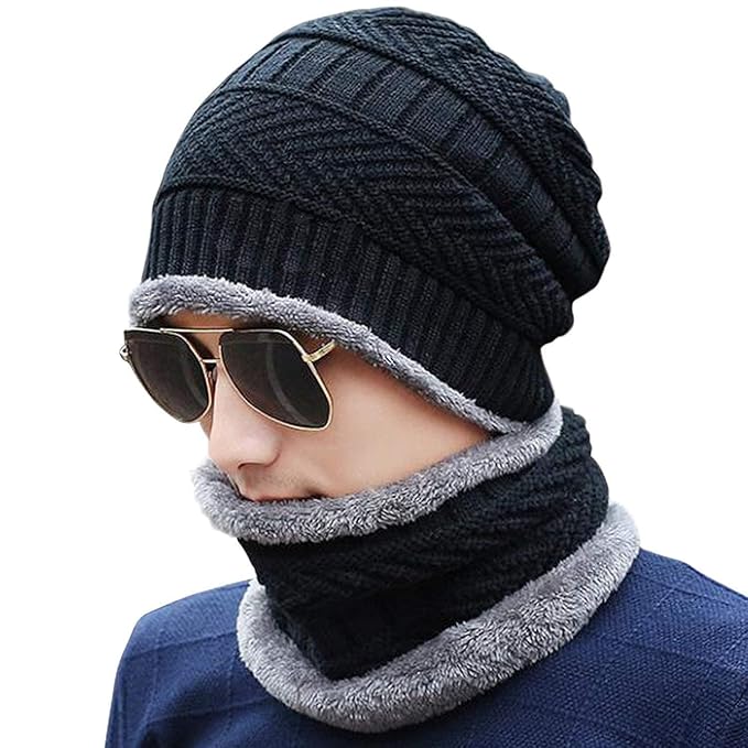 Woolen Winter Cap Beanie Hat with Neck Warmer Set for Men Women