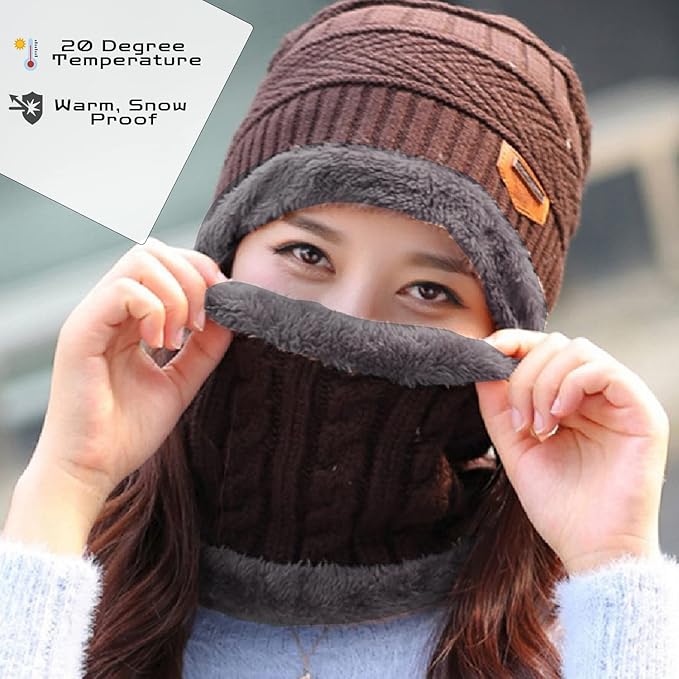 Woolen Winter Cap Beanie Hat with Neck Warmer Set for Men Women