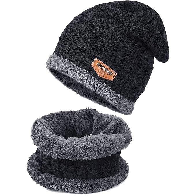 Woolen Winter Cap Beanie Hat with Neck Warmer Set for Men Women