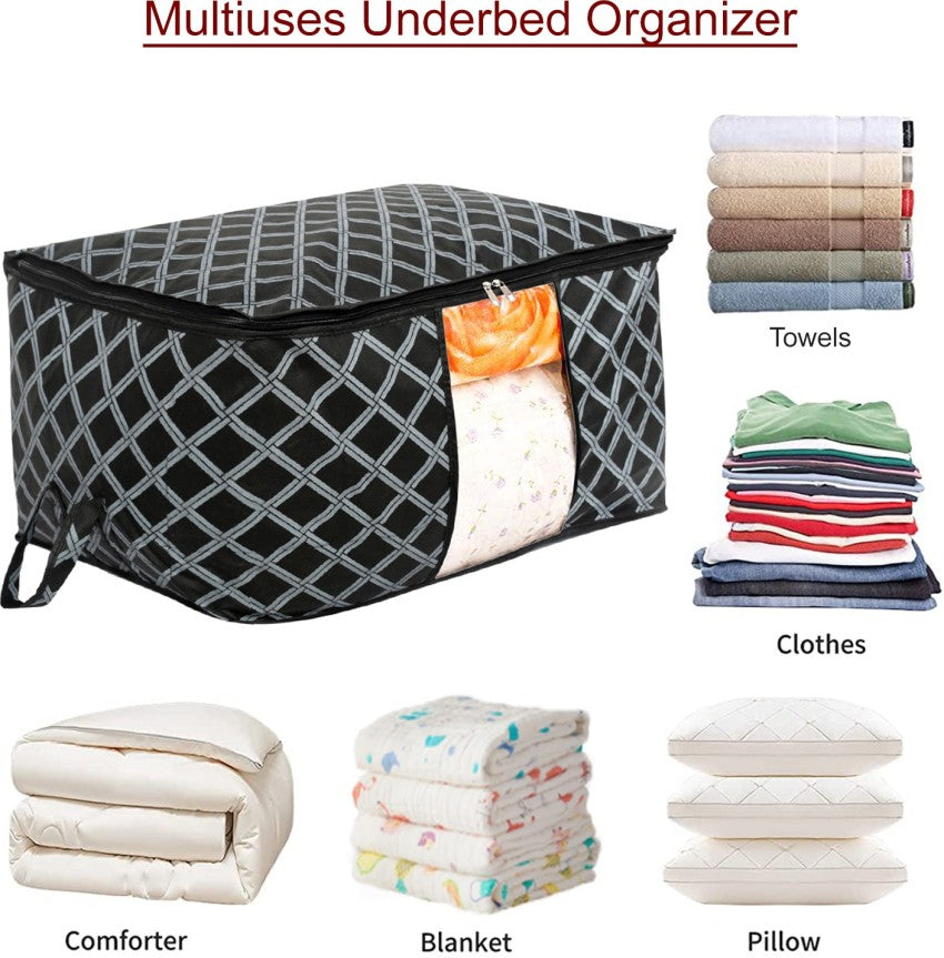 Non-Woven Check Print Jumbo Underbed Storage Bag|Clothes Organizer For Clothes, Quilts, Blankets With Handle