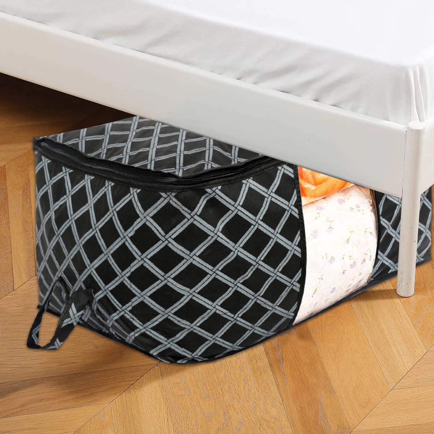 Non-Woven Check Print Jumbo Underbed Storage Bag|Clothes Organizer For Clothes, Quilts, Blankets With Handle