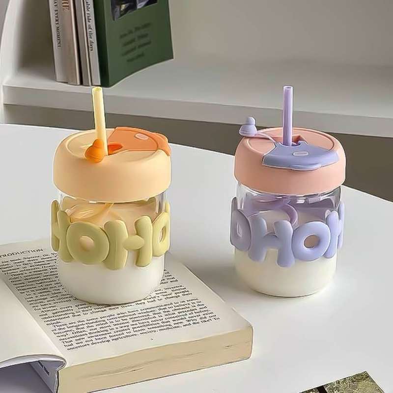 Glass Cup With Straw & Silicone LID (350ML)