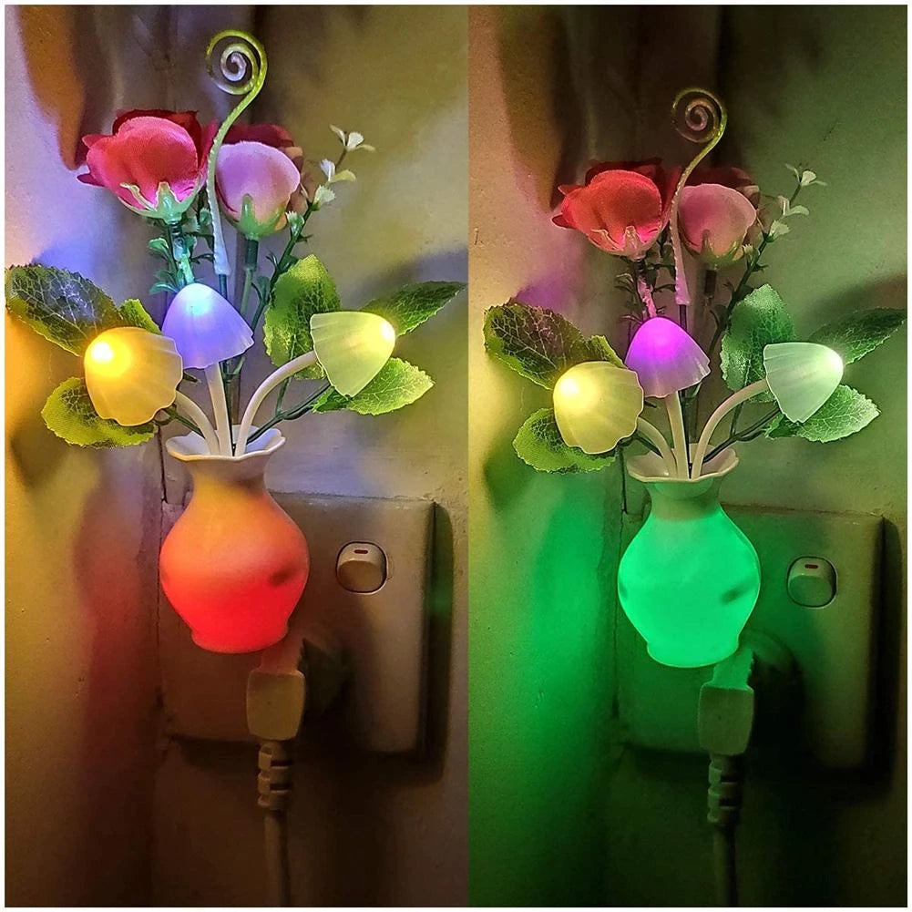 Large Size - LED Night Light With Sensor Plug-in Auto Switch Rose Flower Mushroom Night Lamp Wall Light