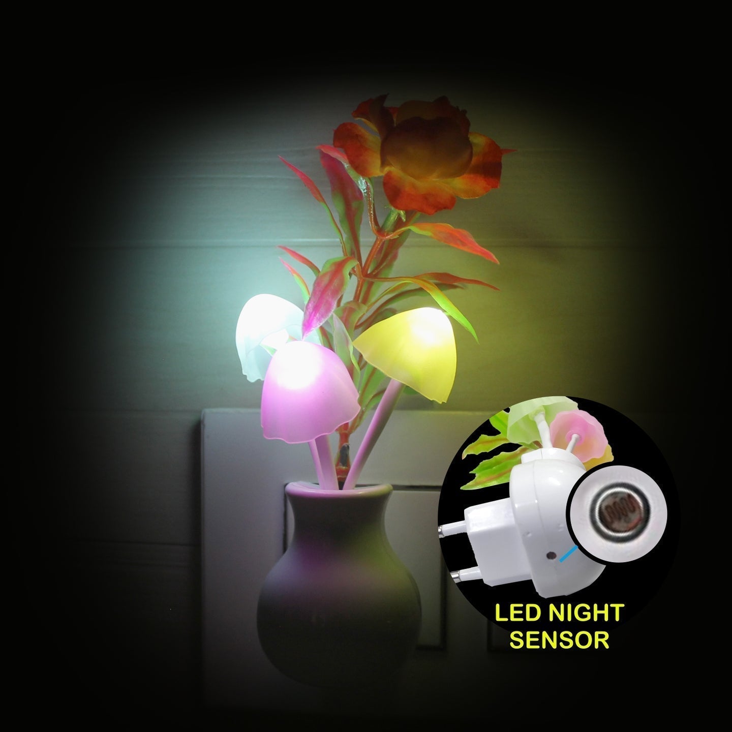 Large Size - LED Night Light With Sensor Plug-in Auto Switch Rose Flower Mushroom Night Lamp Wall Light