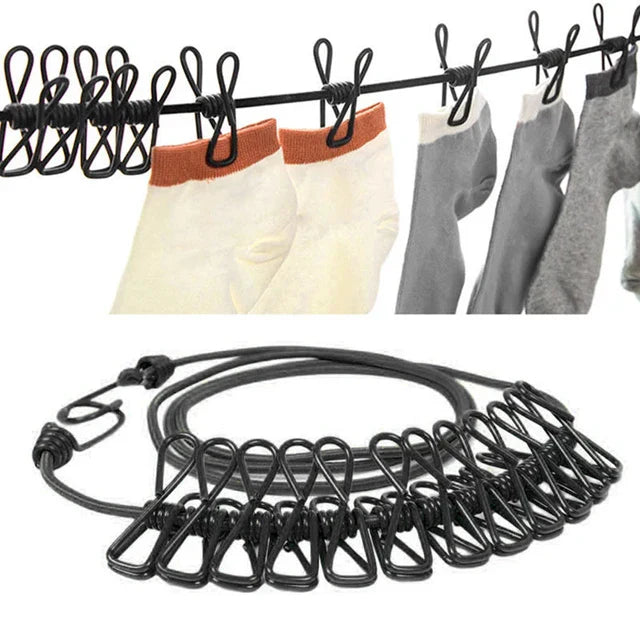 Portable Elastic Clothesline with 12 Clips