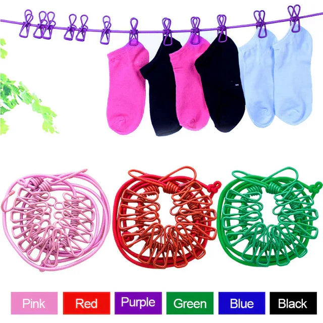 Portable Elastic Clothesline with 12 Clips