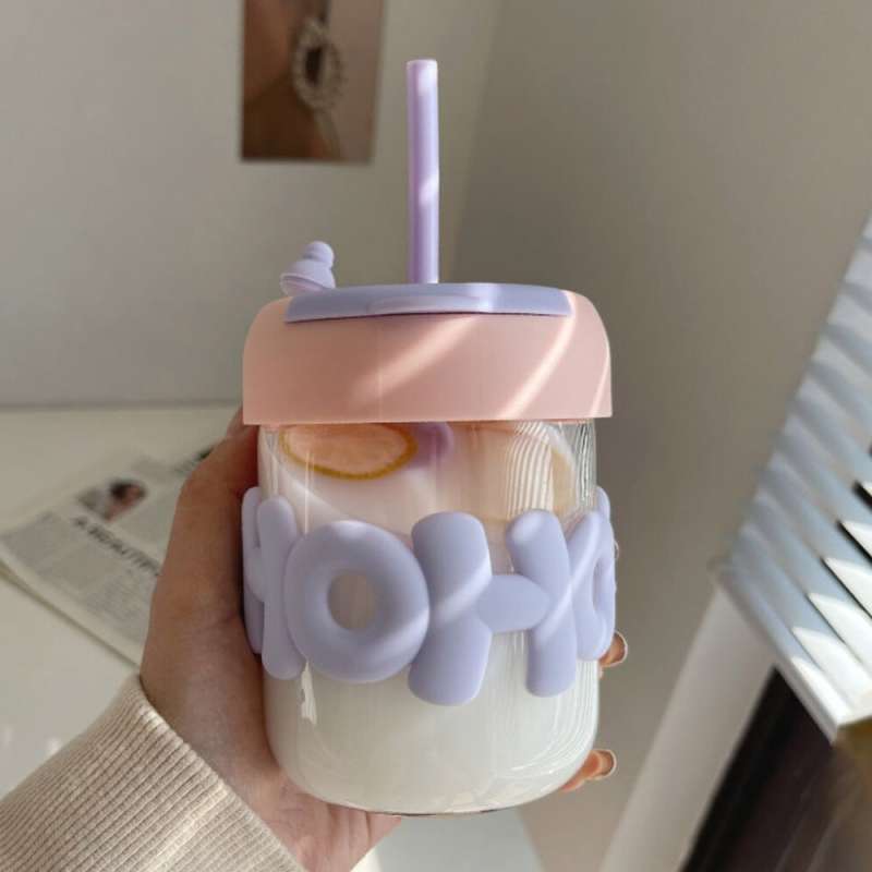 Glass Cup With Straw & Silicone LID (350ML)