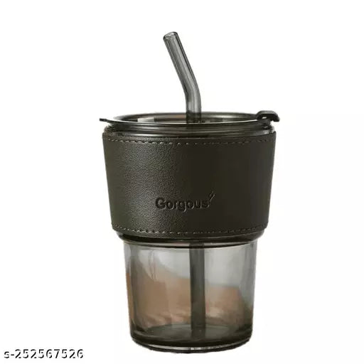 Glass tumbler with leather sleeve, LID and straw (350ml)